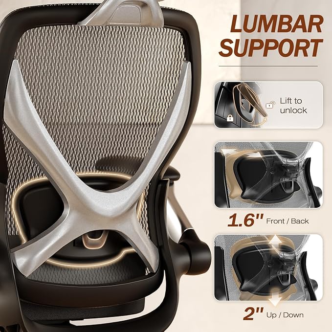 GABRYLLY Ergonomic Office Chair, Big and Tall Computer Desk Chair - 5D Folding Arms, 135° Tilt, Large & Thick Foam Seat, Adjustable Lumbar Support, 3D Functional Headrest, Heavy Duty Home Mesh Chair