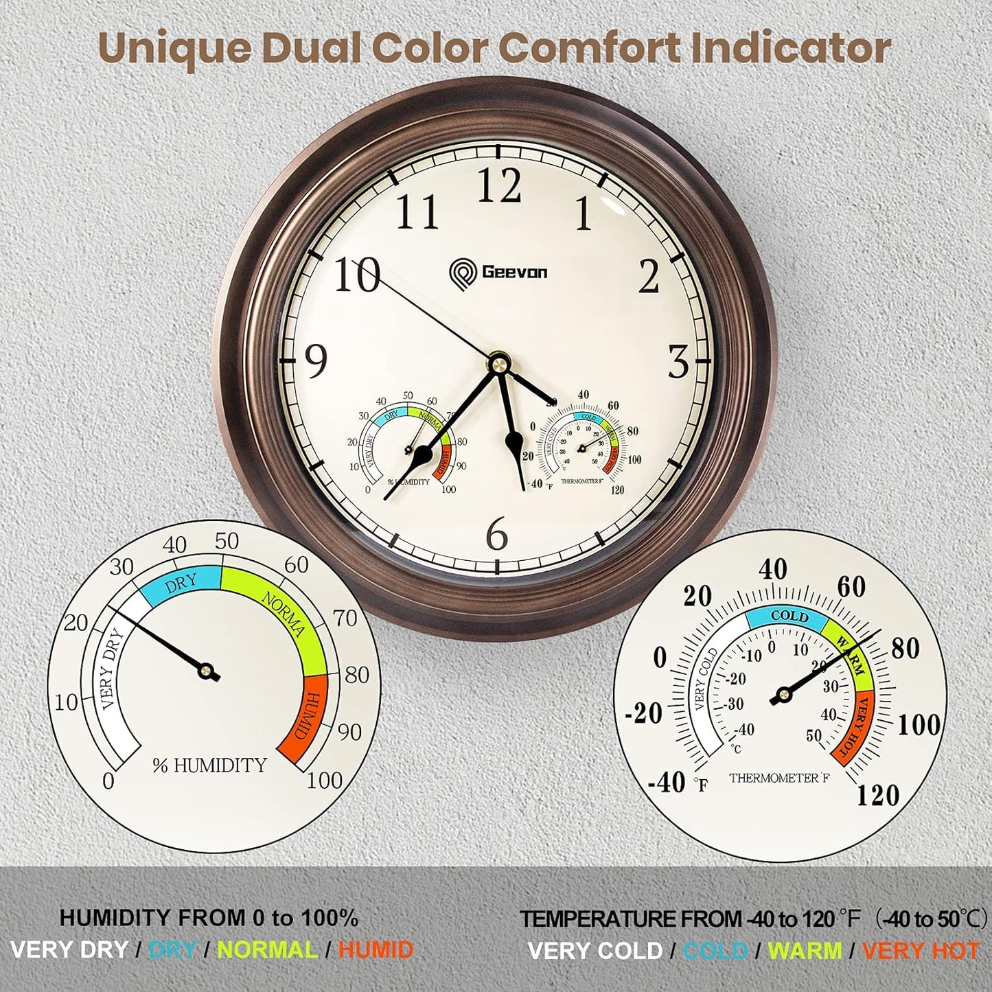 Geevon 14 Inch Retro Wall Clocks Battery Operated with Hygrometer and Thermometer Combo, Silent Wall Clock Non-Ticking Quartz Decorative for Kitchen Living Room School Bedroom