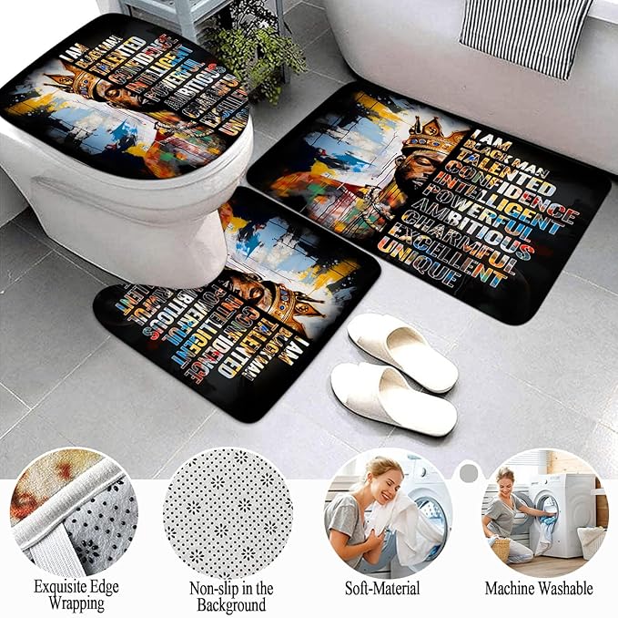 4Pcs Black King Bathroom Shower Curtain Sets, Colorful Inspirational Quote Shower Curtains with Rugs Toilet Lid Cover Bath Mat, Cool Unique Black Man Bathroom Decor Accessories Set