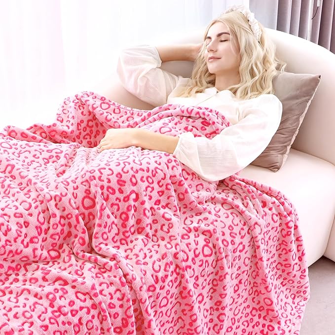 Pink Fleece Throw Blanket Soft Flannel Leopard Blankets Cozy Fuzzy Plush Warm Throws for Girls Women