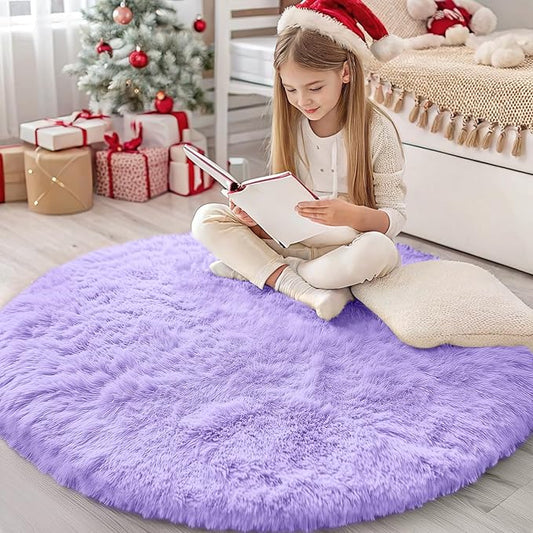 OLANLY Light Purple Round Rugs for Bedroom - Machine Washable, 4 ft Circle Area Rugs for Living Room, Soft and Fluffy Shaggy Carpet for Teen Girls and Boys, Nursery Rooms, Dorms, Home Decor Aesthetic