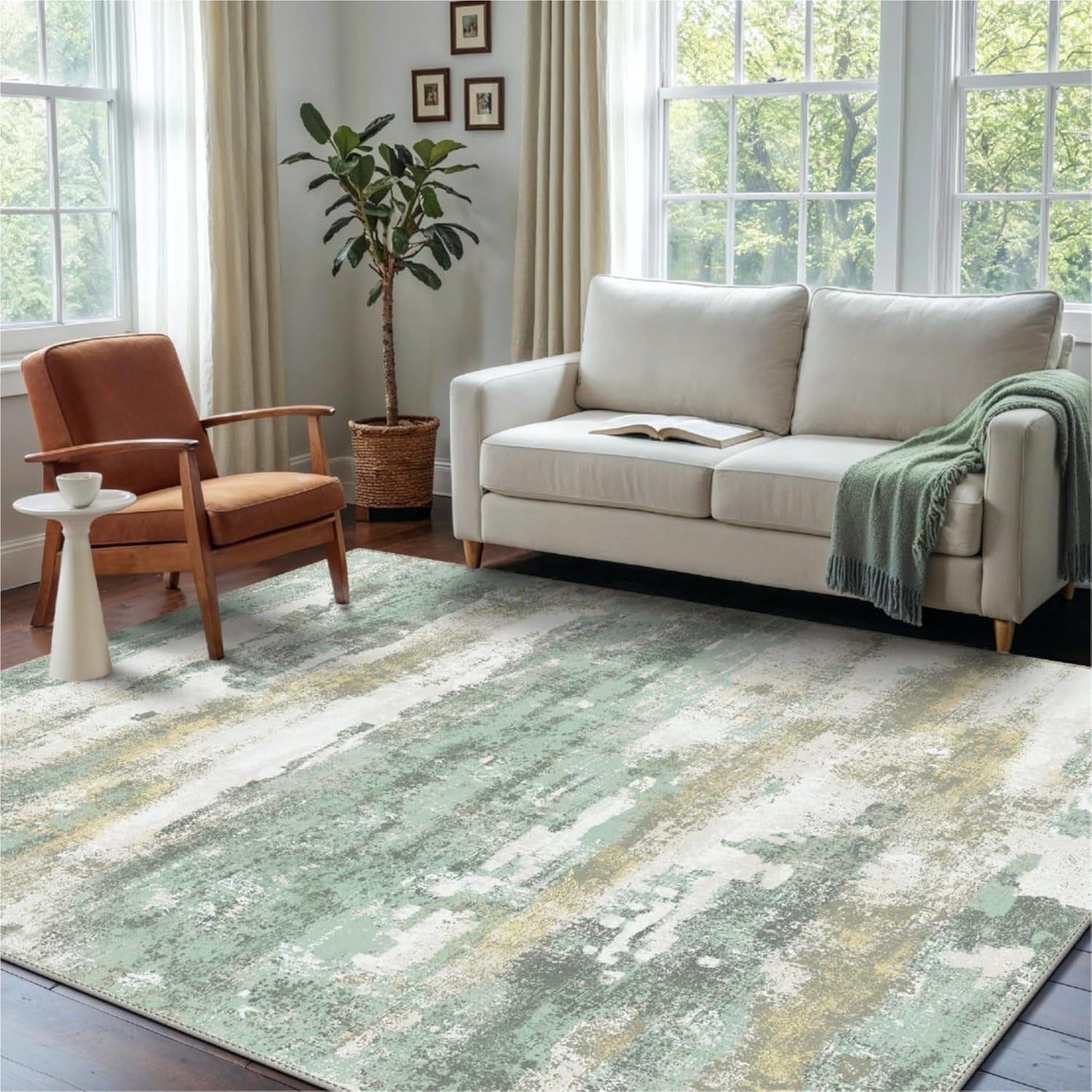 3x5 Rugs for Entryway Entrance Kitchen, Machine Washable Modern Abstract Soft Area Rug, Low Pile Indoor Floor Carpet with Non Slip Backing, Light Green/Cream