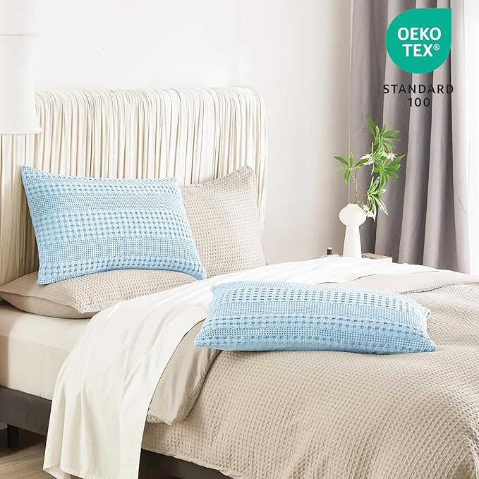 PHF 100% Cotton Waffle Pillow Shams Queen Size, 2 Pack 20" x 30" Soft Skin-Friendly Pillowcases, No Filling, Aesthetic Woven and Breathable Waffle Weave Pillow Case Covers for Bed, Baby Blue
