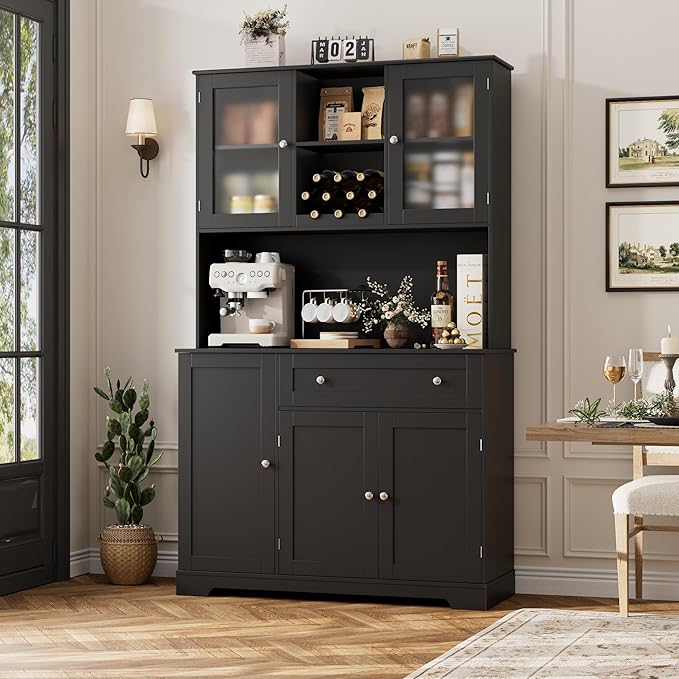 HOSTACK Kitchen Pantry Storage Cabinet with Hutch, Tall Kitchen Hutch with Microwave Stand, Food Pantry Cabinet with Doors and Shelves | Wine Rack for Dining Room, Black