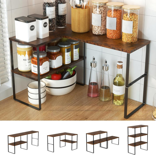 Golener Countertop Organizer Corner Shelf, 2 Tier Adjustable Stackable Corner Shelves for Kitchen, Bathroom, Spice Rack, Coffee Area, Over Sink, Dresser Table, Corner Counter Shelf Stand, Rustic Brown