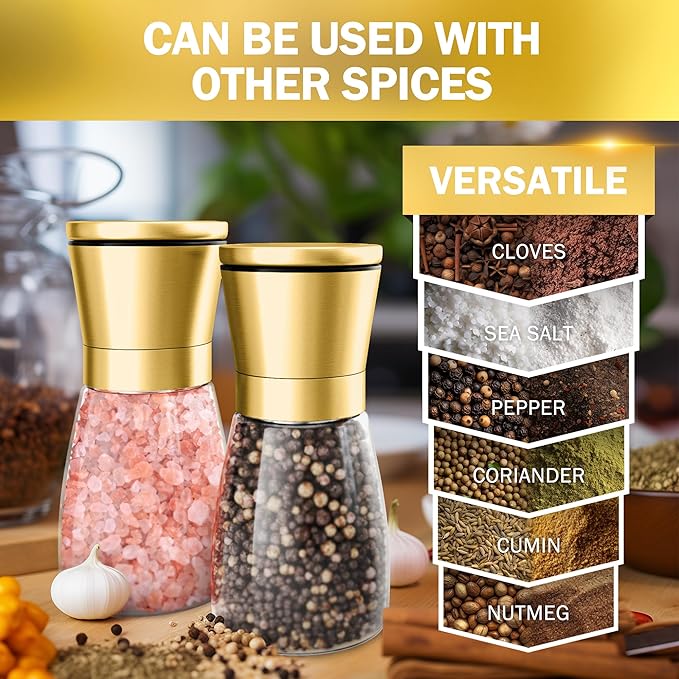 Home EC Original Gold Salt and Pepper Grinder Set of 2 - Adjustable Ceramic Grinder - Glass Salt and Pepper Shakers With Funnel and Ebook - Kitchen Spice Mill - Gold Kitchen Accessories