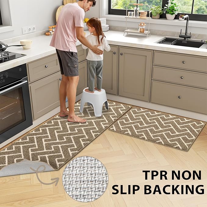 hicorfe Kitchen Rugs and Mats Sets,Non-Slip 2 Pieces Absorbent 100% Polypropylene Rug,Comfort Kitchen Runner Mat,Washable for Kitchen,Sink,Laundry(20" x 31.5" Plus 20" x 48",Beige)
