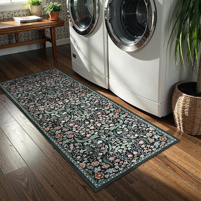 Lahome Floral Kitchen Runner, 2x6 Black Washable Runner Rug Non Slip, Soft Low Pile Stain Resistant Bathroom Laundry Floor Carpet, Boho Thin Long Carpet for Entryway