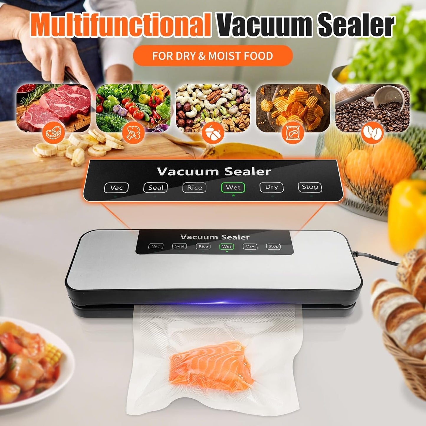 Vacuum Sealer for Food, Automatic Food Vacuum Sealer Machine, Precision Suction Power Compact 6-in-1 Food Sealer, Dry & Moist Modes with 50 Vacuum Bags and Air Suction Hose (Silver)