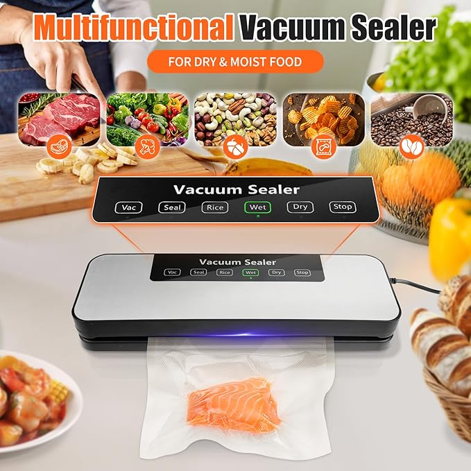 Vacuum Sealer for Food, Automatic Food Vacuum Sealer Machine, Precision Suction Power Compact 6-in-1 Food Sealer, Dry & Moist Modes with 50 Vacuum Bags and Air Suction Hose (Silver)