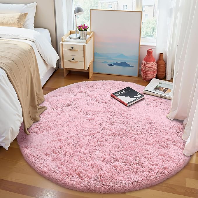 OLANLY Pink Round Rugs for Bedroom - Machine Washable, 5 ft Circle Area Rugs for Living Room, Soft and Fluffy Shaggy Carpet for Teen Girls and Boys, Nursery Rooms, Dorms, Home Decor Aesthetic