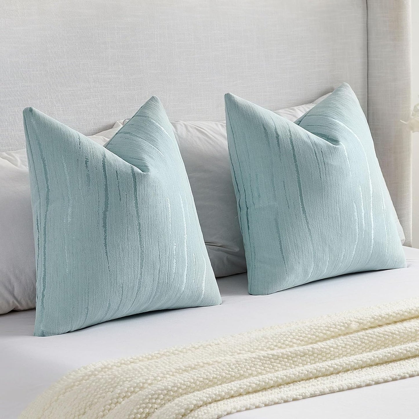 FUTEI Light Blue Chenille Decorative Throw Pillow Covers 22x22 Inch Set of 2,Soft Embossed Striped Textured Cushion Case,Modern Home Decor for Couch Bed Living Room