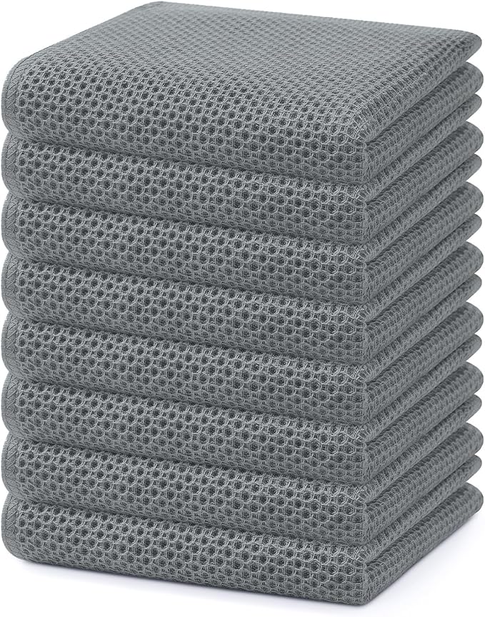Homaxy 100% Cotton Waffle Weave Kitchen Dish Towels, Ultra Soft Absorbent Quick Drying Cleaning Towel, 13 x 28 Inches, 8-Pack, Grey
