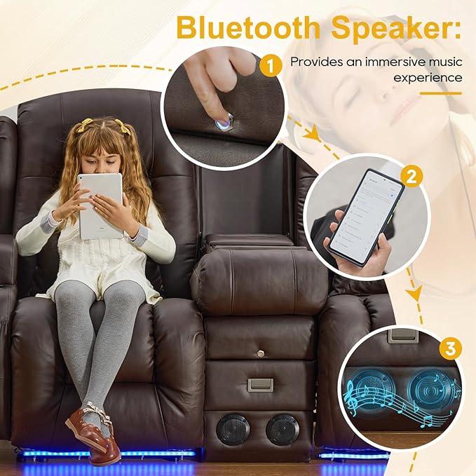 IPKIG 67" Power Reclining Loveseat Sofa, Electric Home Theater Seating with Console/4 Colors Ambient Lighting/Bluetooth Speakers/USB Ports/Built-in Outlets (Brown, Loveseat Recliner)
