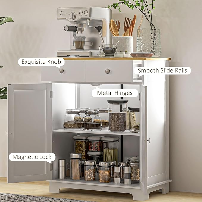 HOMCOM Sideboard with Solid Wood Countertop, Modern Kitchen Storage Cabinet, Coffee Bar Cabinet with 2 Drawers, Doors and Adjustable Shelf, Distressed White