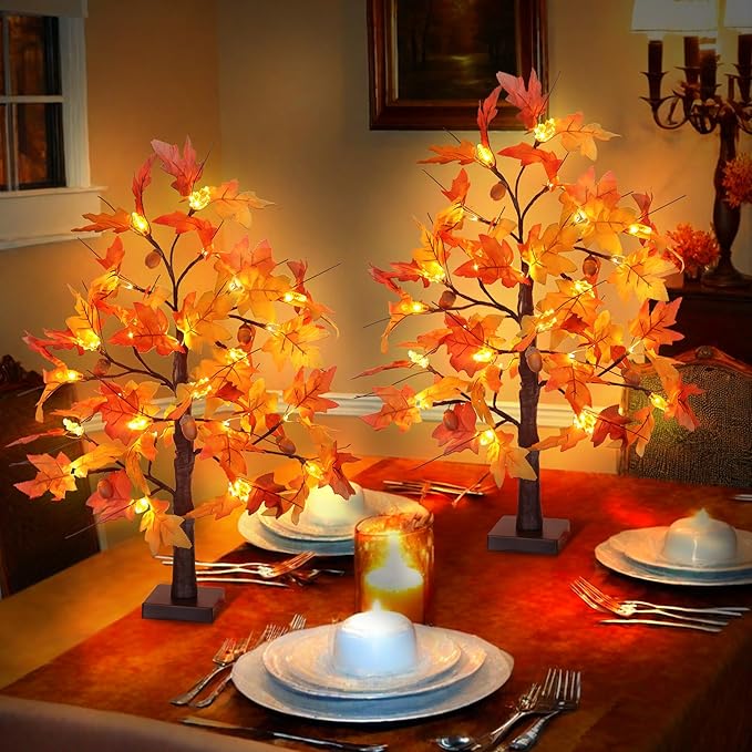 2 Pack 24 Inch Fall Maple Tree with Lights Battery Operated Lighted Tabletop Artificial Tree with Pumpkin Acorn Maple Fall Centerpieces Indoor Fall Decorations for Home Office Thanksgiving Table Decor