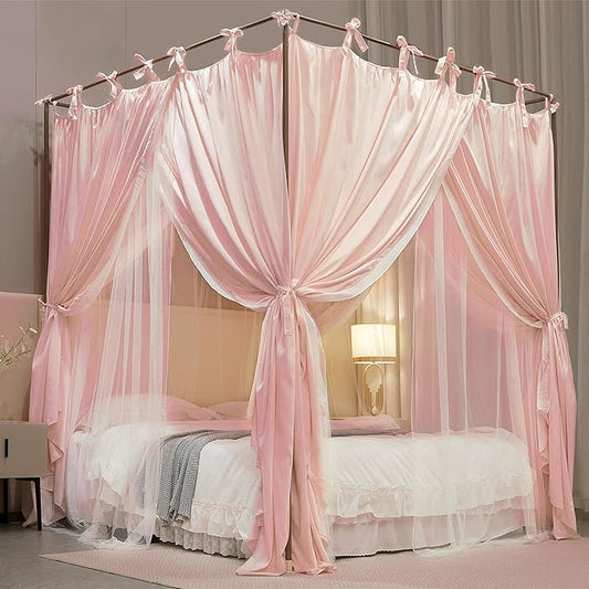 4 Corners Post Princess Curtain Bed Canopy Double Layer Cozy Mosquito Net Mesh and Cloth for Girls Adults Bedroom Decoration (Double-Beigepink/White, 78" W*86" L*82"*H/(King))