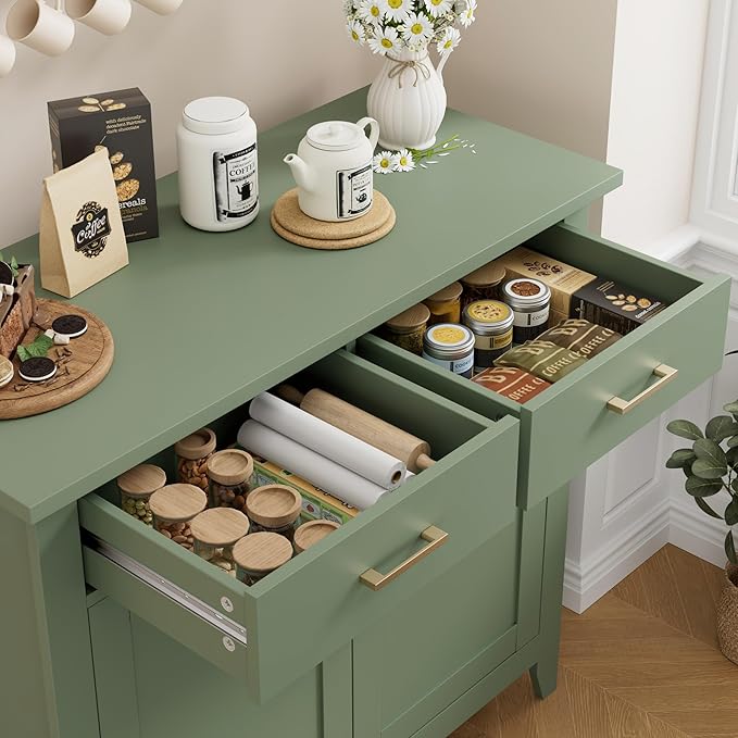 HORSTORS Kitchen Storage Cabinet, Modern Farmhouse Buffet Cabinet with Storage, Coffee Bar with 2 Drawers and 2 Doors, Floor Sideboard Buffet for Living Room, Dining Room, Bathroom, Green