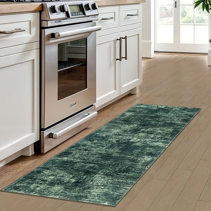 IOHOUZE Abstract Runner Rug 2x6 Ft Washable Runners for Hallways, Non Slip Kitchen Runner Printed Faux Wool Entryway Runner Indoor, Modern Abstract Floor Carpet for Hall Kitchen Bedroom, Dark Green