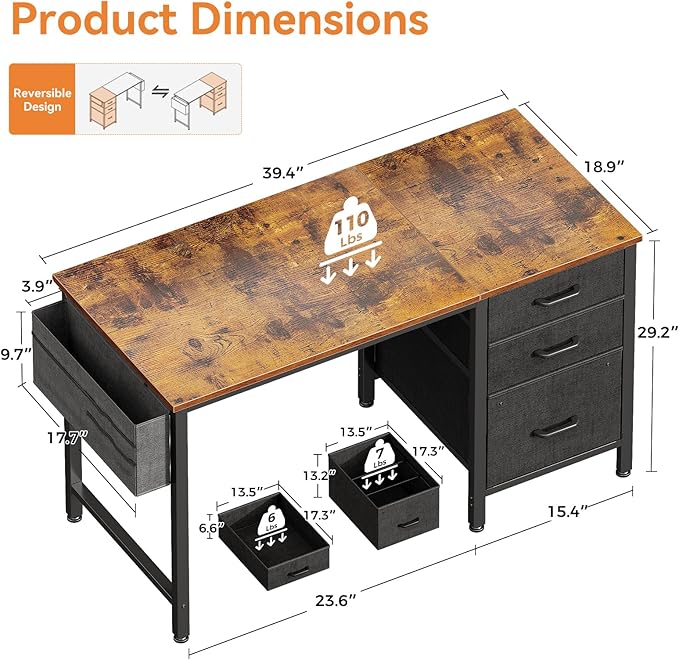 Casaottima 40-Inch Small Computer Desk with Fabric Drawers & File Cabinet, Home Office Desk with Cloth Storage Bag and Hook, Writing Study Work Table for Small Space, Vanity Desk for Bedroom, Vintage