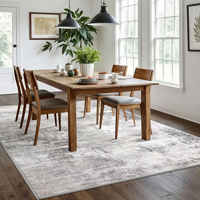 IOHOUZE Abstract Area Rugs 6x9 Ft Washable Rugs for Living Room, Non Slip Dining Room Rug, Printed Faux Wool Rugs for Bedroom, Floor Carpet for Office Nursery Playroom, Grey Beige