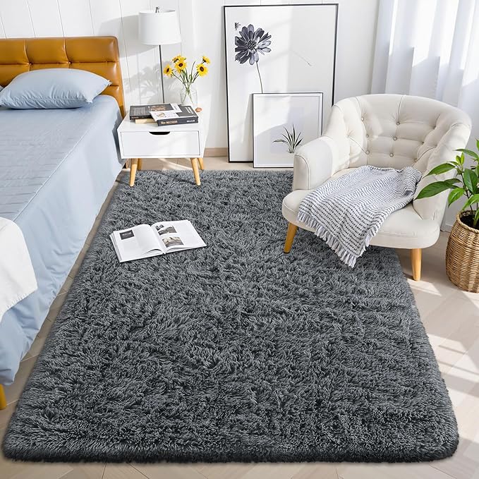 OLANLY 3x5 Machine Washable Small Bedside Rug, Soft Fluffy Shaggy Rugs for Living Room, Bedroom, Indoor Floor Carpet for Kids Girls and Boys, Preppy Dorms, Nursery, Home Decor Aesthetic, Grey