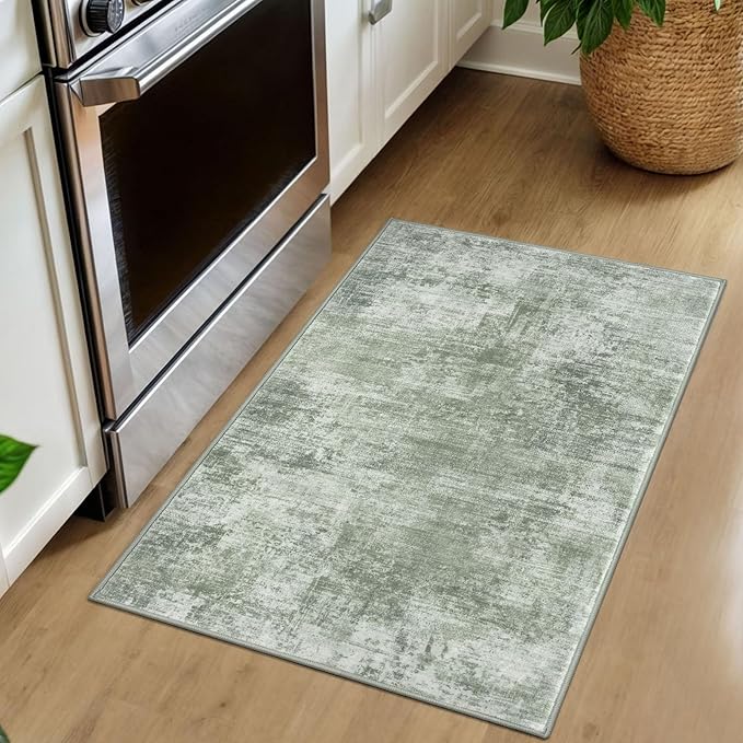 IOHOUZE Small Abstract Area Rug 2x3 Ft Entryway Rugs Washable Door Mat Indoor Entrance, Rubber Backed Throw Rugs, Printed Faux Wool Non Slip Floor Carpet for Foyer Front Door Sink, Sage Green