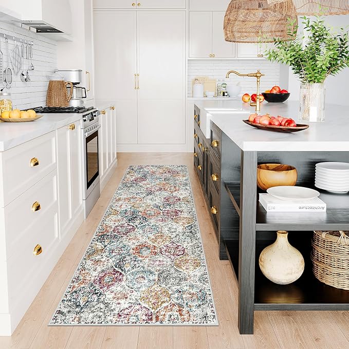 Lahome Moroccan Trellis Hallway Runner Rug, 2x6 Kitchen Runner Rugs Non Skid Washable, Vintage Laundry Room Rug Ultra-Thin Long Carpet for Bathroom Bedroom Entryway, Aqua/Multi