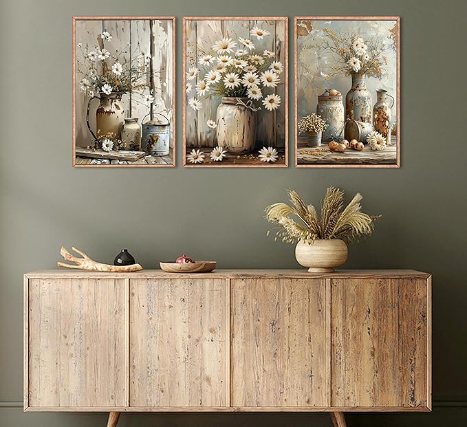 Rustic Farmhouse Daisy Flower Canvas wall art Vintage Country Floral Poster Print Artwork Modern Still Life Nature Botanical Wall Decor for Bedroom, Living Room Bathroom Scene Furniture Decoration