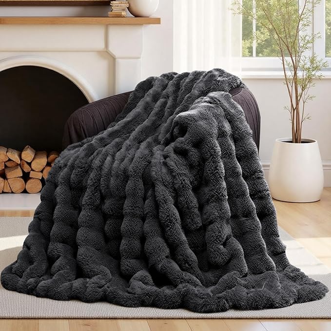 Lotus Karen Faux Fur Blanket Dark Gray Twin Size - Big Bubble Rabbit Fluff Throws for Couch Small Fluffy Fuzzy Cozy Thick Furry Plush Shaggy Blankets 60x80 Inches