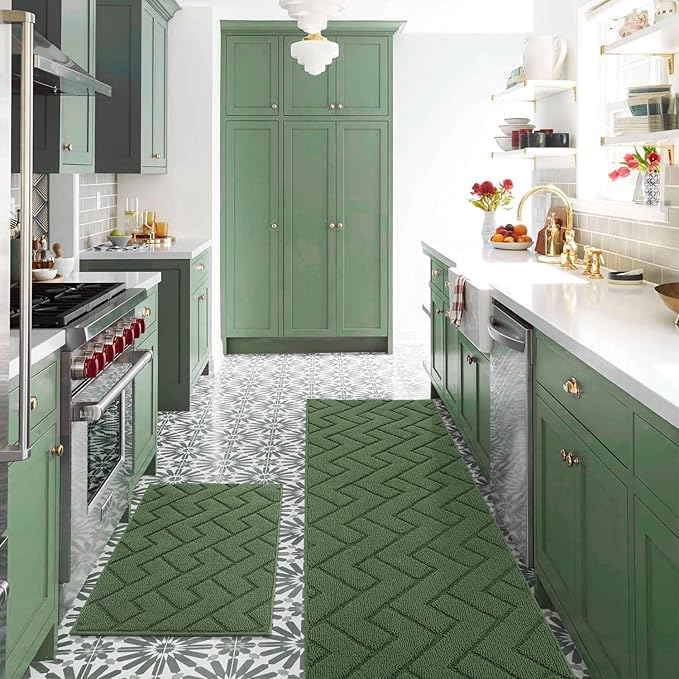 hicorfe Kitchen Rugs and Mats Sets,2 Pieces Super Absorbent Polypropylene Non-Slip Rug,Soft Comfort Floor Mat,Washable for Kitchen,Hallway,Office,Sink,Laundry(20" x 31.5" Plus 20" x 59",Green)