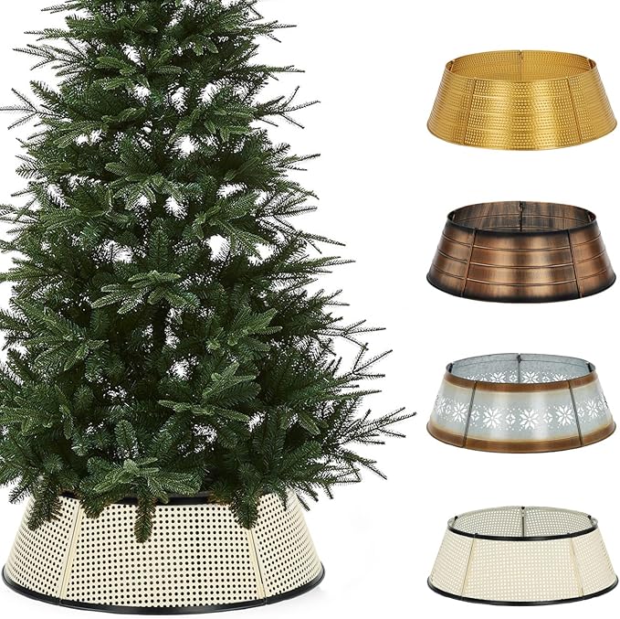 Metal Christmas Tree Collar, 28’’ D Christmas Decorative Base Cover for Christmas Tree, Tree Skirt, Tree Ring - Cream