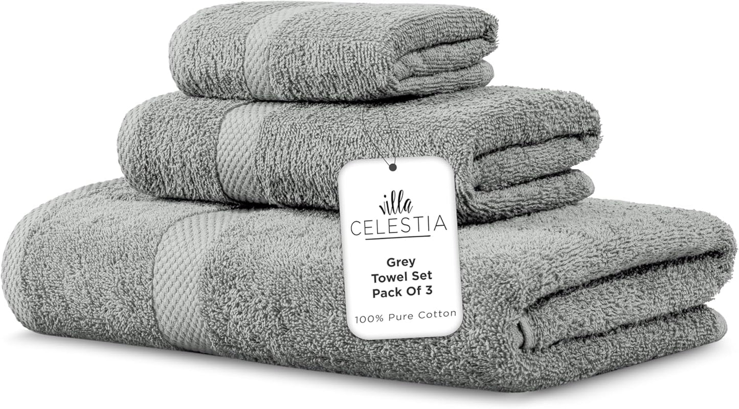 100% Combed Cotton Bathroom Towel Set of 3- 1 Bath Towel, 1 Hand Towel, 1 Wash Cloth, Sustainable, Soft, Highly Absorbent 3 Piece Cotton Bath Towel Set Ideal for Hotels, Spa, Bathroom, Dorm, Grey