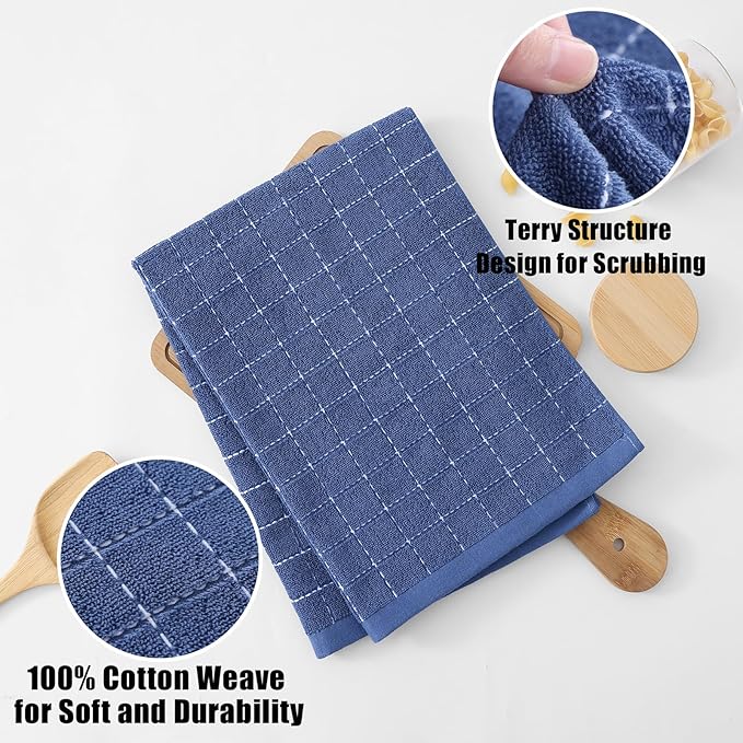 Homaxy 100% Cotton Terry Kitchen Towels(Navy Blue, 20 x 28 inches), Checkered Designed, Soft and Super Absorbent Dish Towels, Large 4 Pack