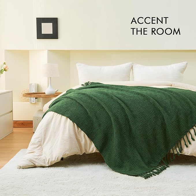 lifein Throw Blanket for Couch - Boho Throw Blanket, Knit Woven Blanket, Soft Decorative Blankets&Throws with Tassels for Bed,Sofa,Chair,Home Decor (Geen, 50 * 60, Waffle)