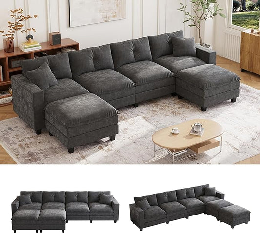 137",U Shaped Couch,Modern Modular Sectional Sofa, 4-Seater Comfy Cloud Couch with Two Movable Ottoman & Throw Pillows for Living Room, Bedroom and Apartment, Dark Gray
