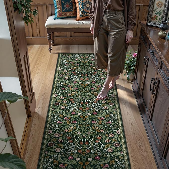 Lahome Floral Kitchen Runner Rug, 2.6x8 Green Non Slip Hallway Runner Rug, Soft Thin Stain Resistant Long Carpet for Laundry, Washable Boho Carpets for Bathroom Entryway