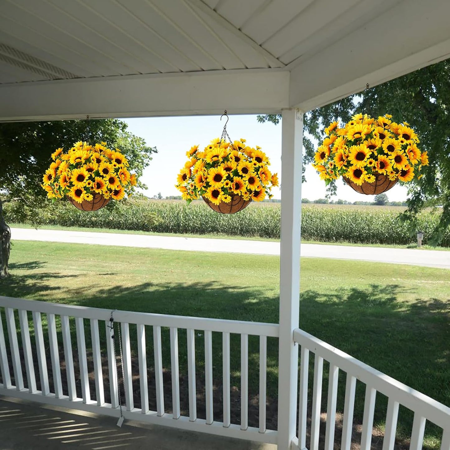 Homsunny Artificial Sunflowers Fake Hanging Flowers Plants Baskets for Outdoor Fall Decoration, Faux Silk Flowers Look Real UV Resistant for Porch Patio Garden Autumn Home Decor