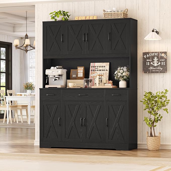 HOSTACK 71" Tall Kitchen Pantry Storage Cabinet with Charging Station, 55" Wide Kitchen Hutch Cabinet with Large Countertop, Farmhouse Food Pantry with Drawers for Living Room, Black Wood Grain