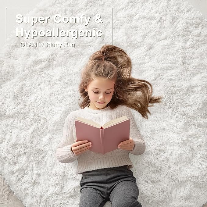 OLANLY Ivory Round Rugs for Bedroom - Machine Washable, 6 ft Circle Area Rugs for Living Room, Soft and Fluffy Shaggy Carpet for Teen Girls and Boys, Nursery Rooms, Dorms, Home Decor Aesthetic