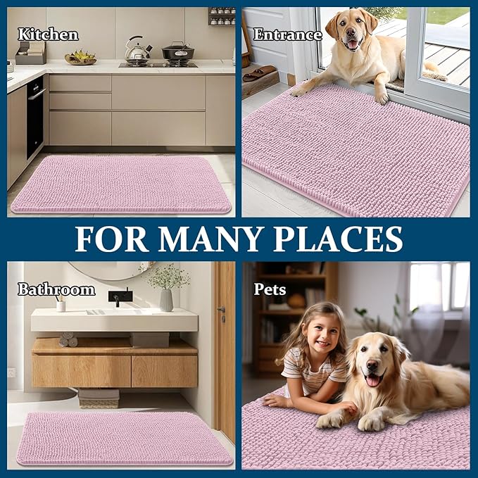 OLANLY Dog Door Mat for Muddy Paws 44x32, Absorbs Moisture and Dirt, Absorbent Non-Slip Washable Doormat, Quick Dry Chenille Mud Mat for Dogs, Entry Indoor Entryway Carpet for Inside Floor, Dusty Rose