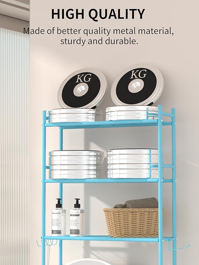 3-Tier Over The Toilet Storage, Space Saver Metal Bathroom Shelves, Freestanding Above Over Toilet Storage Shelf with 4 Hooks for Bathroom, Blue