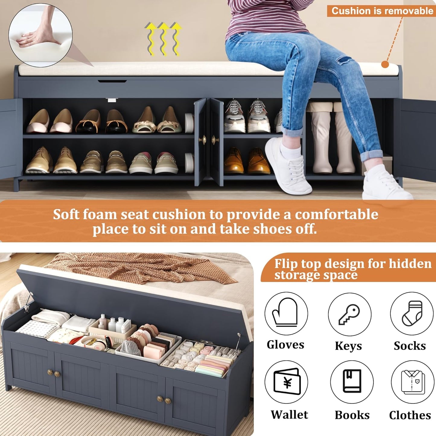 HOMEFORT 54.4" Shoe Bench with Lift Top Storage, Entryway Bench with Cushioned Seat, Wooden End of Bed Bench, Shoe Cabinet Bench with Hidden Storage Space, for Bedroom, Hallway,Blue