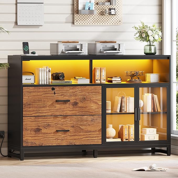SEDETA 59" File Cabinet, 2 Drawers Filing Cabinets for Home Office fit Legal/Letter/A4 File, File Cabinet with Lock & Power Outlets, Printer Stand with Storage & LED Lights, Rustic Brown