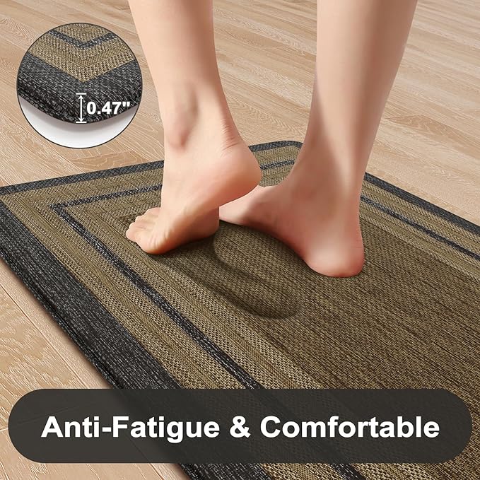 KIMODE Anti Fatigue Kitchen Mats, Boho Distressed Kitchen Floor Mats 20"x47"+20"x32", Non Slip Waterproof Kitchen Rugs, Padded Comfort Standing Mats for Laundry Office Sink Desk Grey/Brown