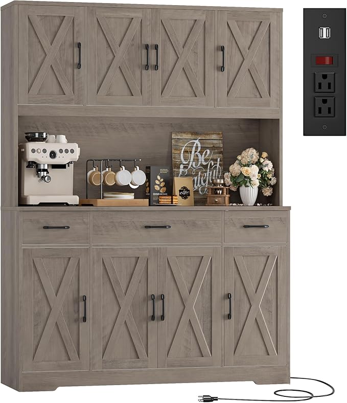 HOSTACK 71" Tall Kitchen Pantry Storage Cabinet with Charging Station, 55" Wide Kitchen Hutch Cabinet with Large Countertop, Farmhouse Food Pantry with Drawers for Living Room, Ash Grey