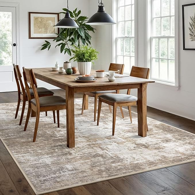 IOHOUZE Abstract Area Rugs 6x9 Ft Washable Rugs for Living Room, Non Slip Dining Room Rug Printed Faux Wool Rugs for Bedroom, Floor Carpet for Office Nursery Playroom, Beige Brown