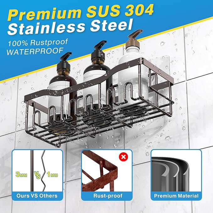 5-Pack Rustproof Stainless Steel Shower Caddy Set– No Drill Adhesive Bathroom Organizer, Space-Saving Shower Shelves for Apartment Essentials, Bathroom/Kitchen Storage Home Decor-L Size