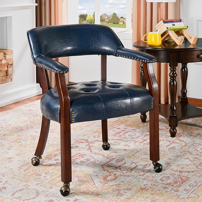 MODERION Dining Chairs with Wheels and Arm, Caster Boss Captain's Chairs with Solid Wood Leg, Office Desk Chairs with Button Upholstered, Classic Swivel Chair, 31.5”H Cherry Walnut Leg & Blue SY1533LB