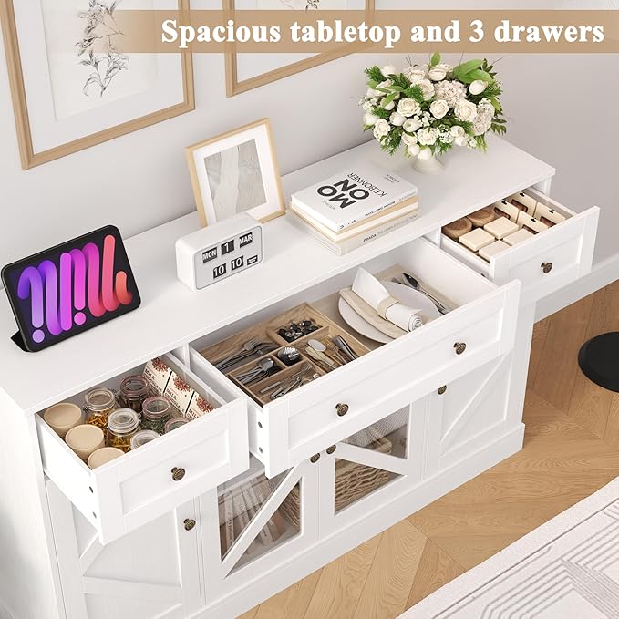 Keyluv Buffet Sideboard 55" Large Storage Cabinet 4 Doors and 3 Drawers, Farmhouse Wooden Coffee Bar Space-Saved Cupboard Furniture for Dining Room, Kitchen, Living Room, White